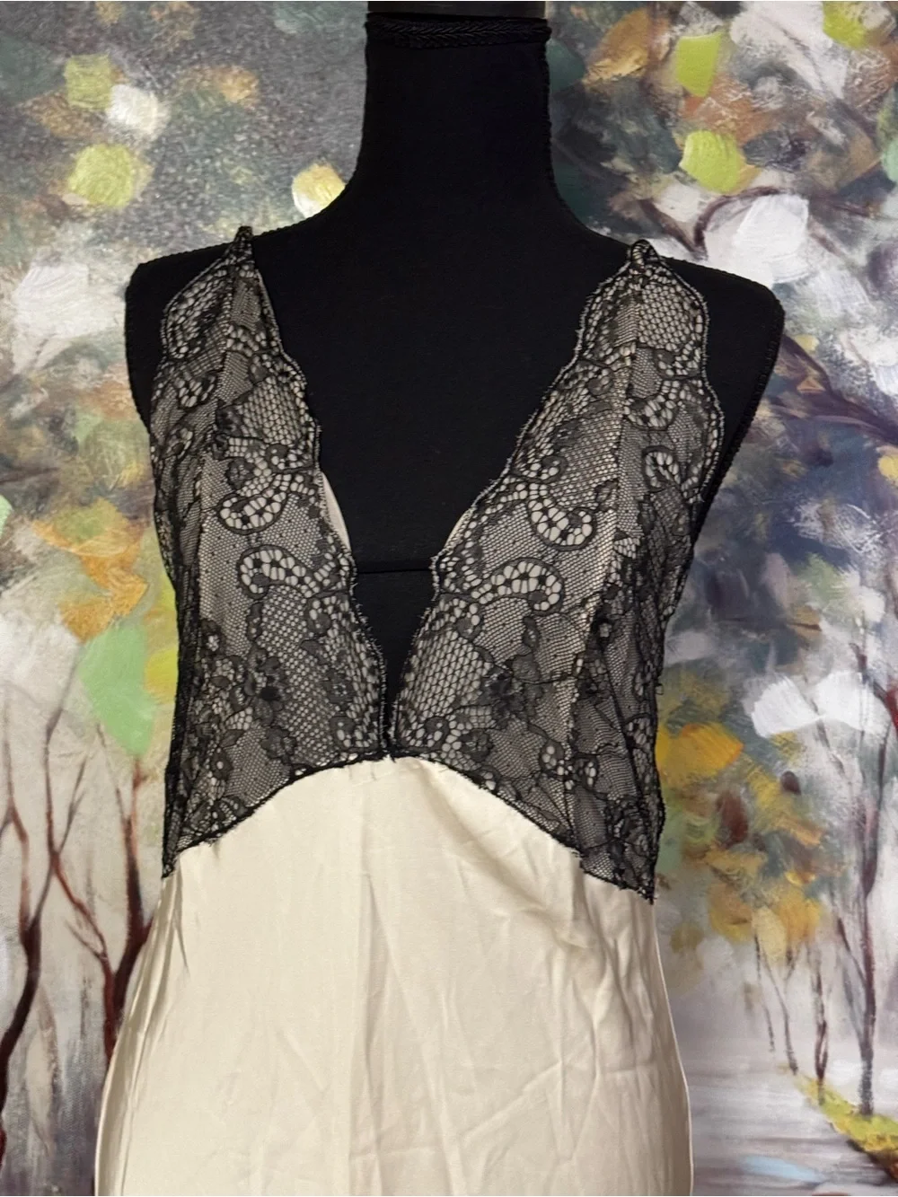 Mango MNG Selection Lace Satin Slip Dress Ivory Black Midi Size L NWT